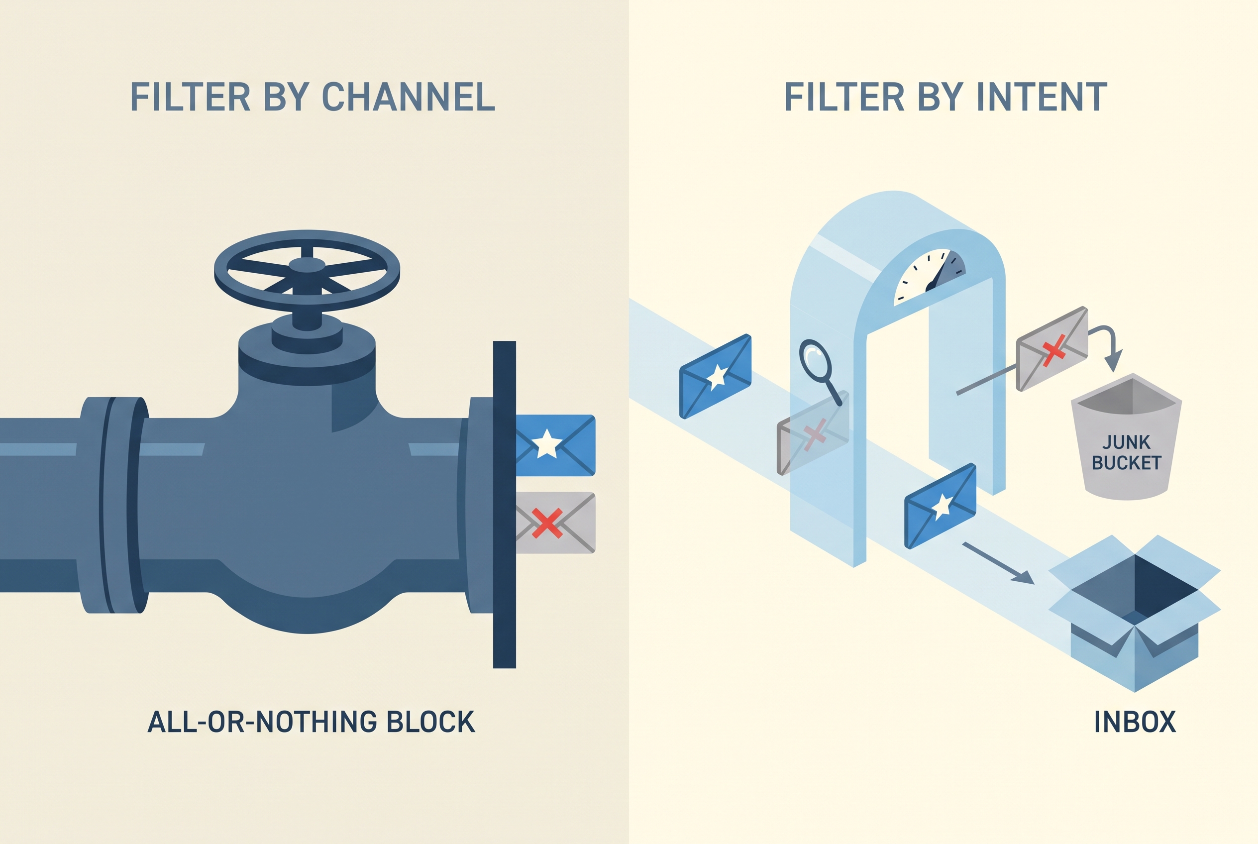 A side-by-side comparison diagram in a clean flat style. Left panel, "filter by channel": a whole pipe or channel valve shut off, with both a valuable message icon and a junk message icon equally stopped behind it, showing the all-or-nothing block. Right panel, "filter by intent": individual message icons passing through a scoring gate that reads each one, where junk icons are routed into a small side bucket and valuable message icons continue through into the inbox. Use shape, color, and iconography rather than paragraphs of text; minimal labels only. Calm blue and gray palette, plenty of whitespace, editorial and on-brand.