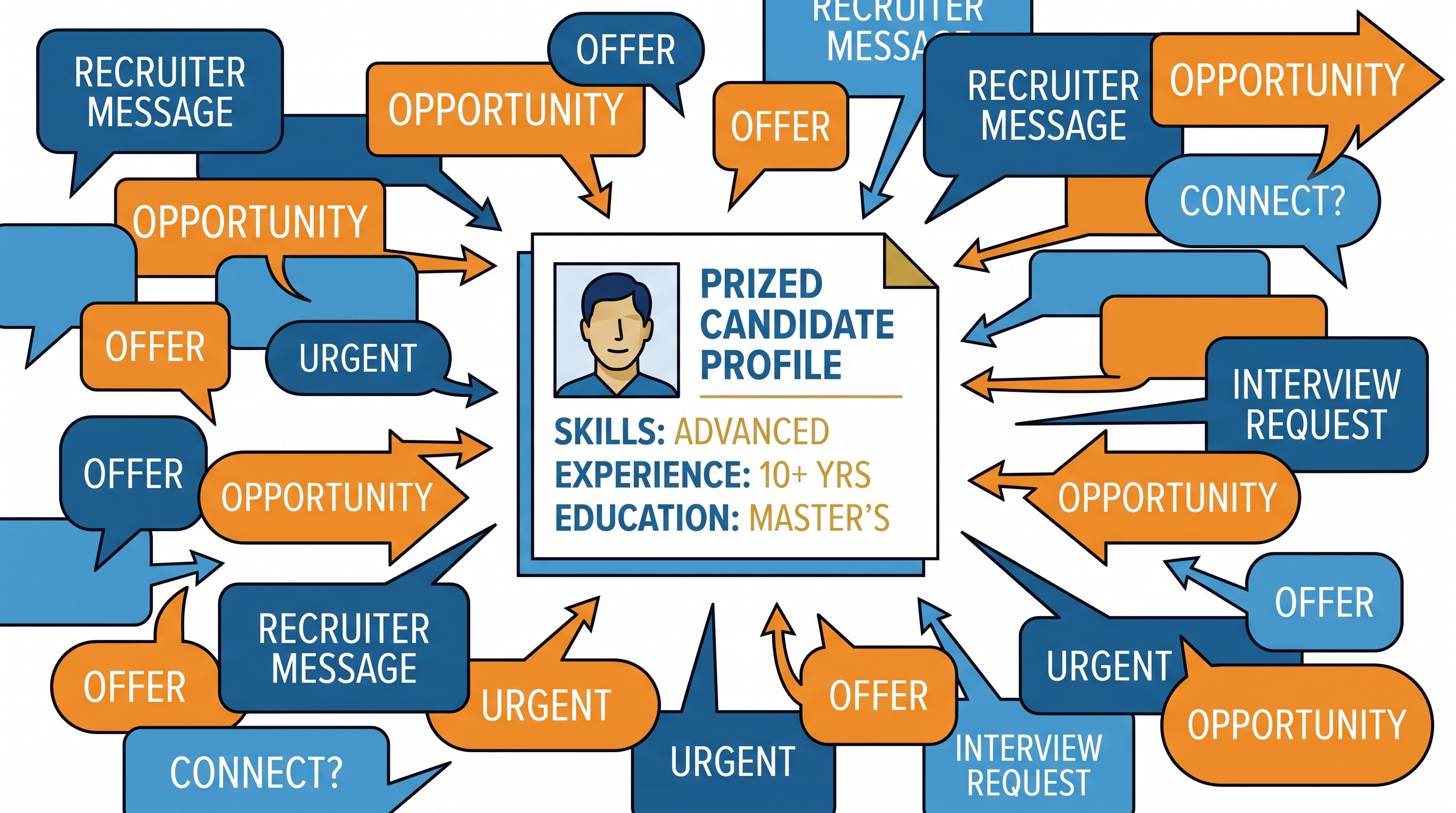 Prized candidate profile surrounded by swarming recruiter messages