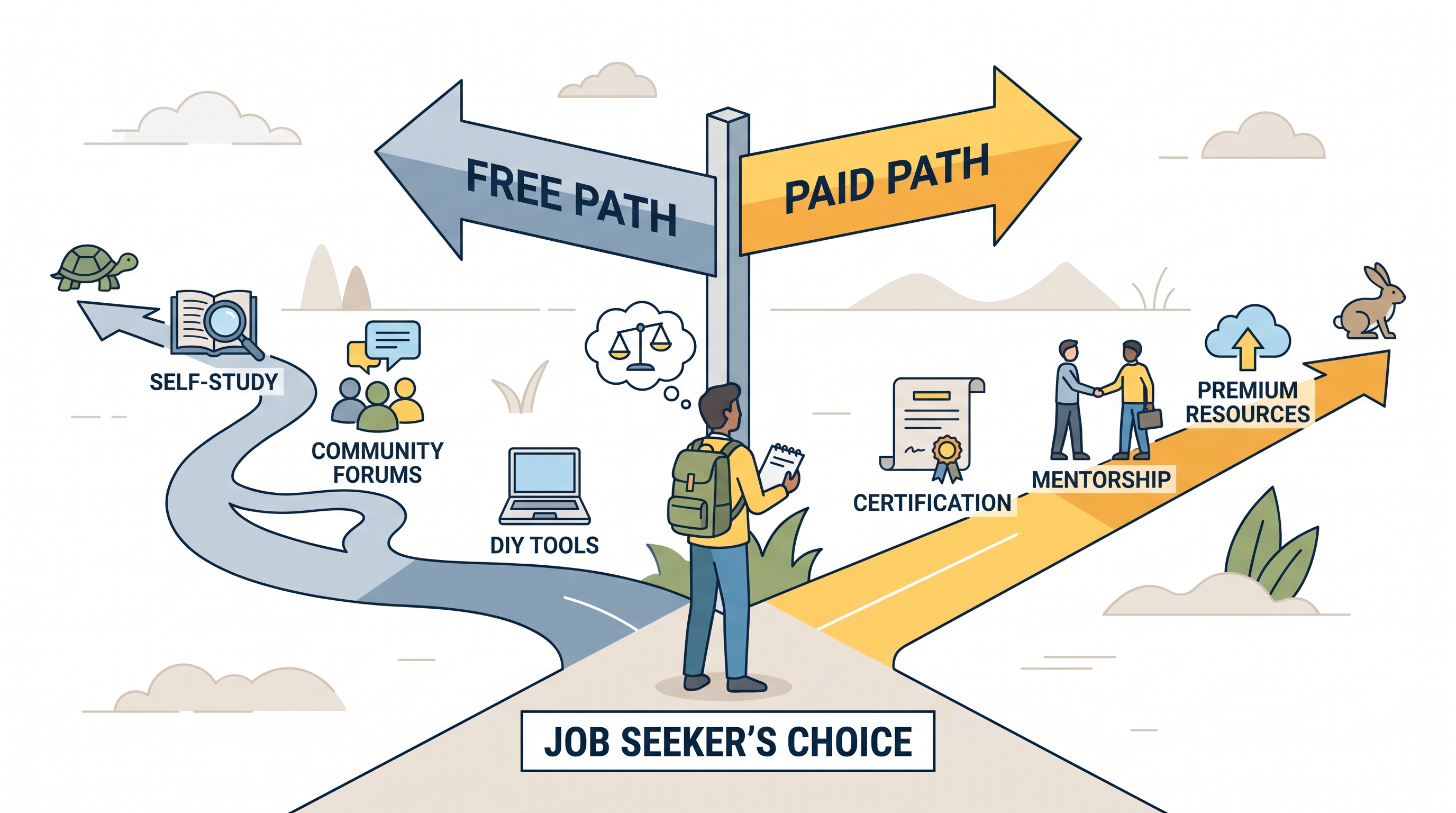 Job seeker comparing free and paid paths on a signpost