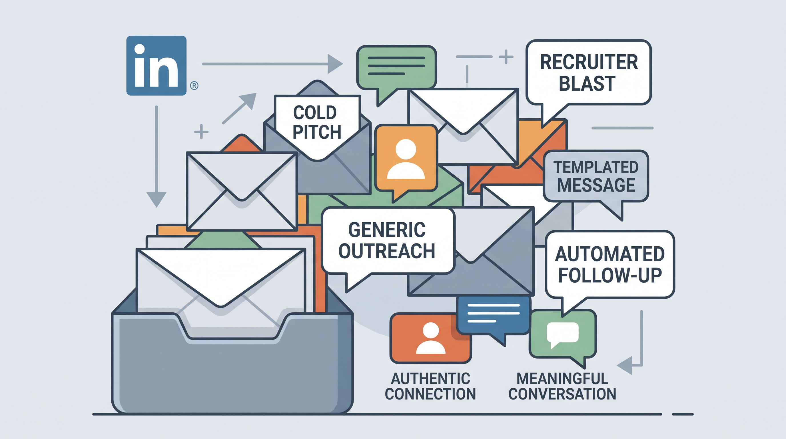 A LinkedIn inbox overflowing with templated cold pitches and recruiter blasts burying real messages