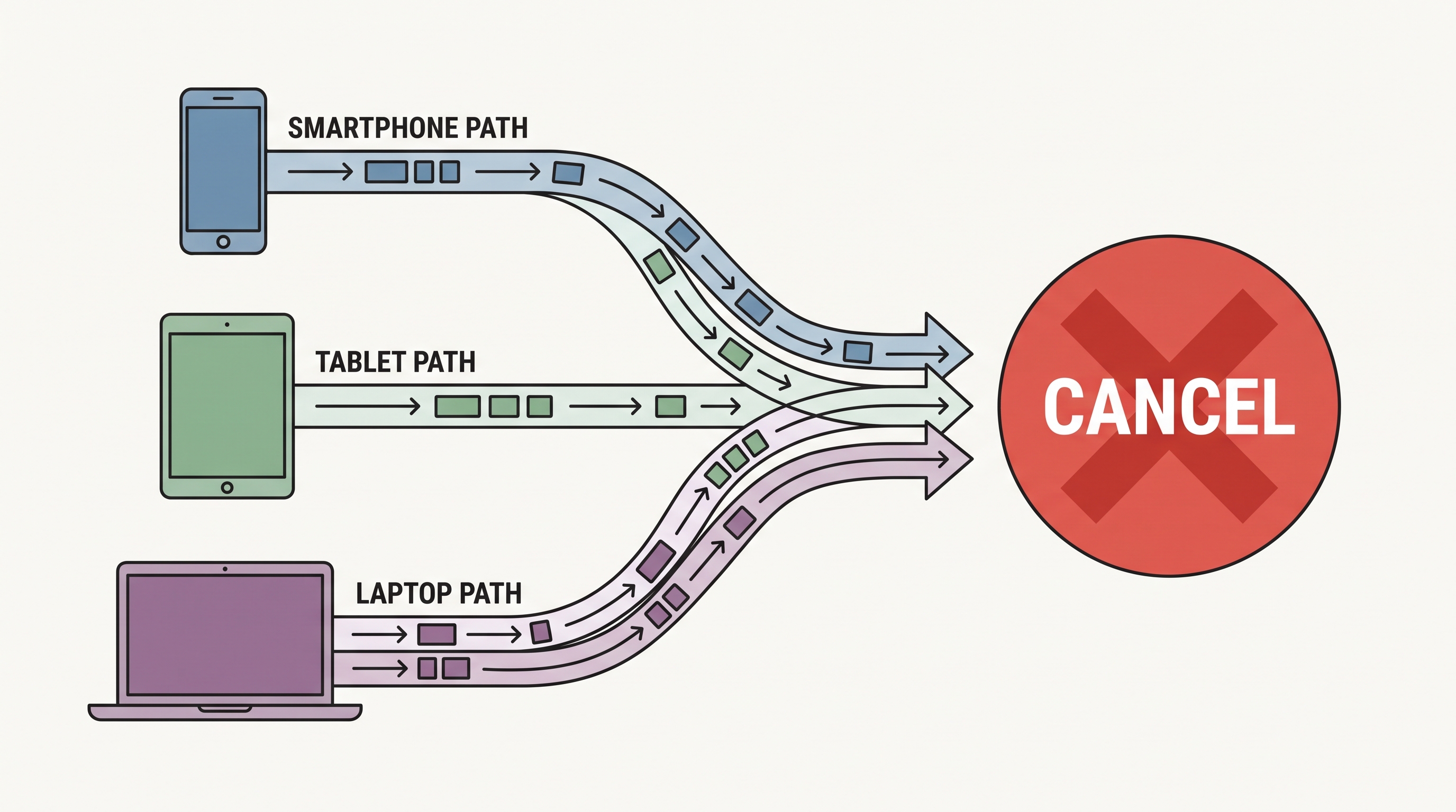 Three device paths converging on one cancel button