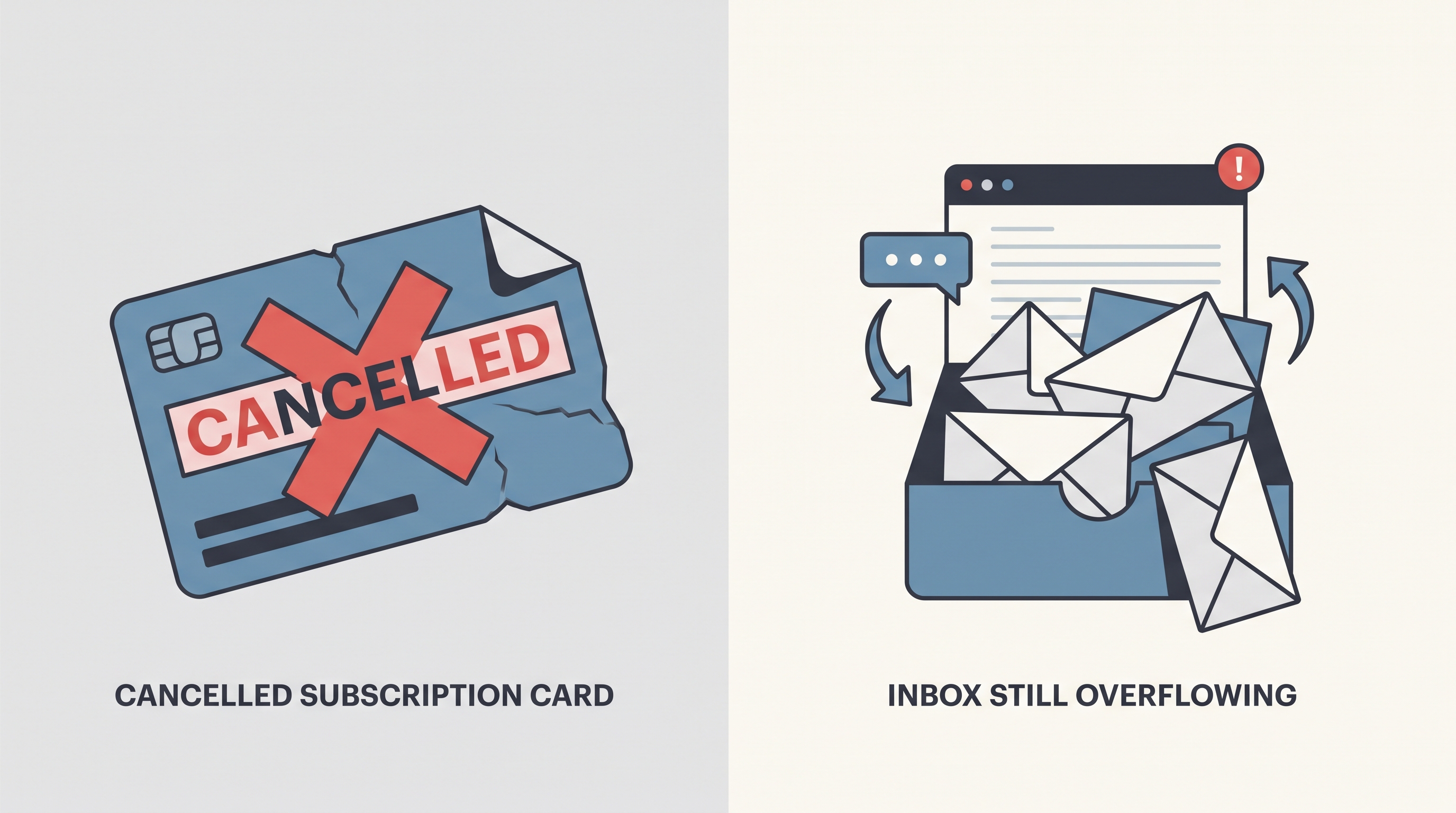 Cancelled subscription card beside an inbox still overflowing