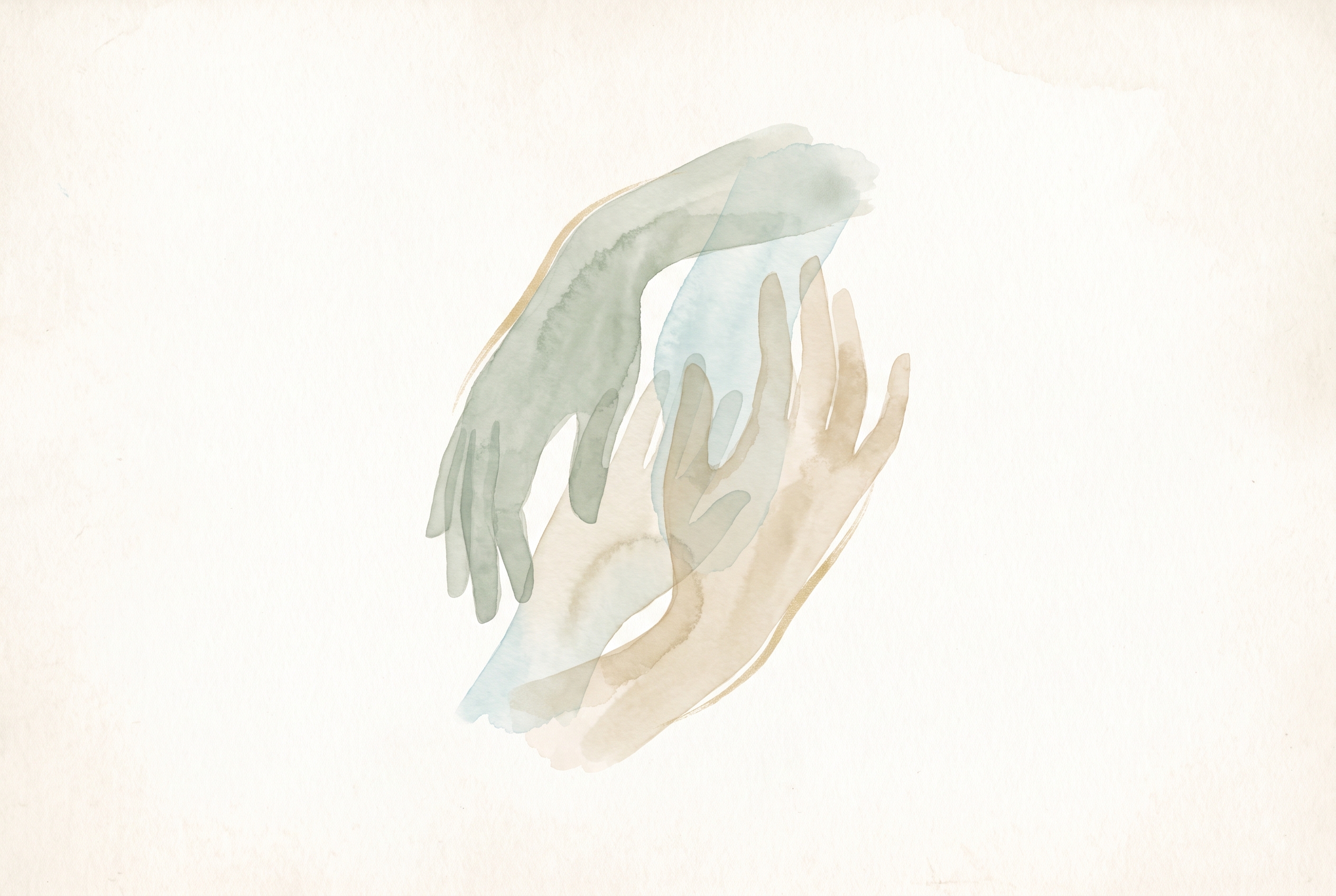 Ilustração em aquarela suave de mãos de diferentes gerações entrelaçadas, sugerindo a linhagem familiar e a reverência aos ancestrais, em tons de verde-sálvia e areia sobre papel.