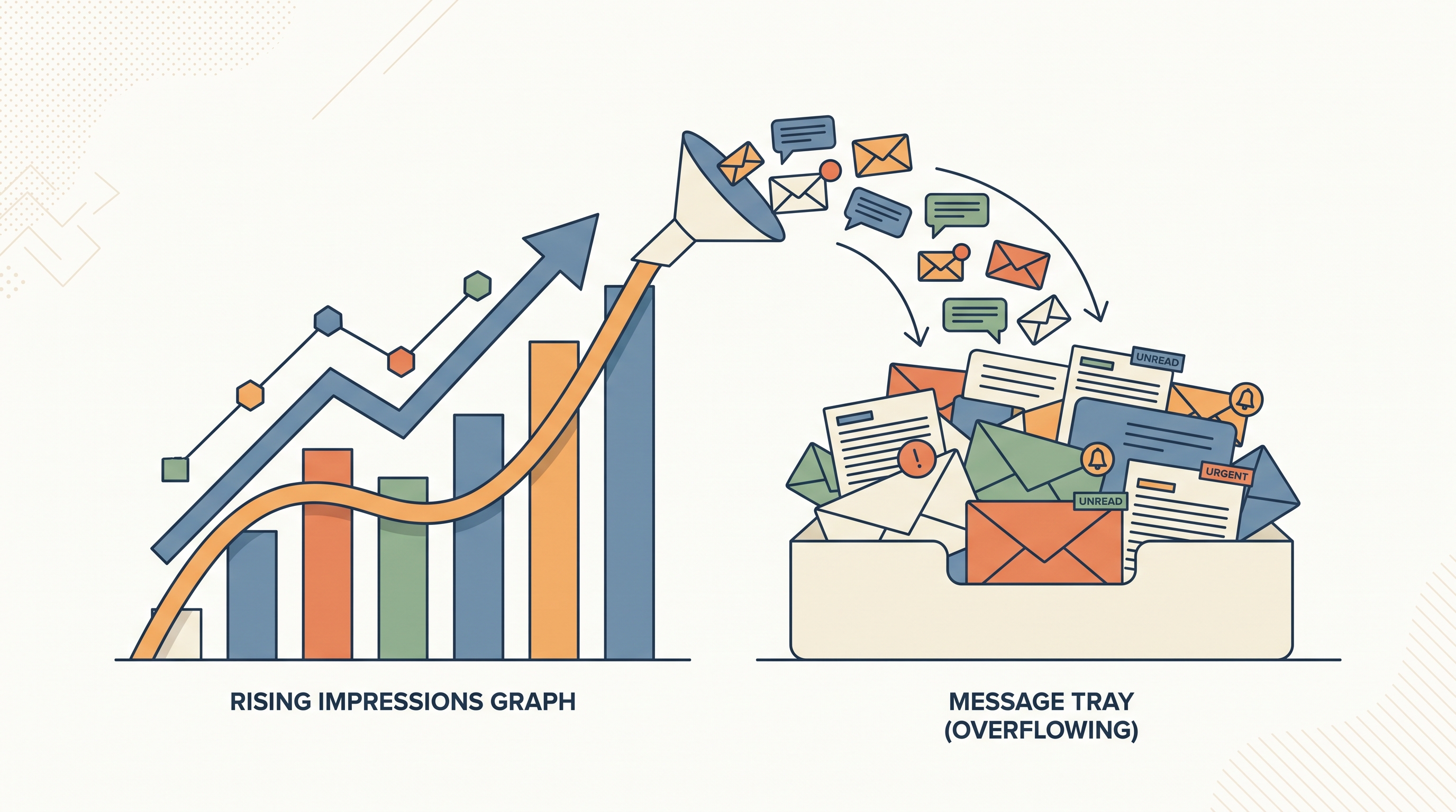 Rising impressions graph feeding a crowded message tray