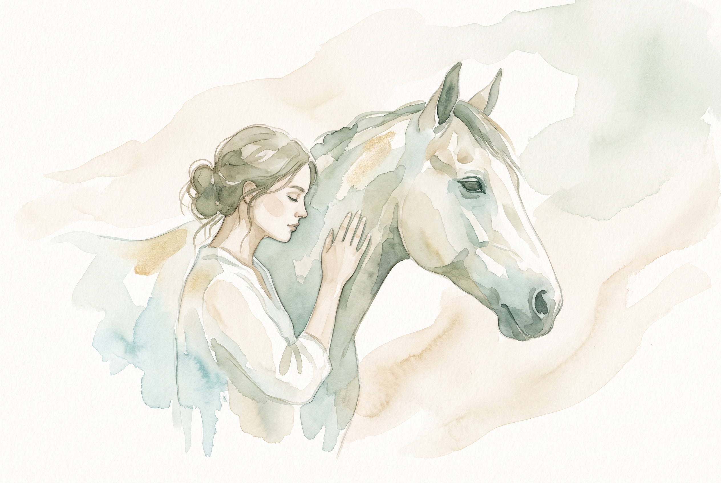Aquarela suave e serena de uma mulher de perfil com a mão apoiada no pescoço de um cavalo, olhos fechados, fundo em tons de areia e verde claro, muito espaço em branco, traço delicado, sem texto na imagem.