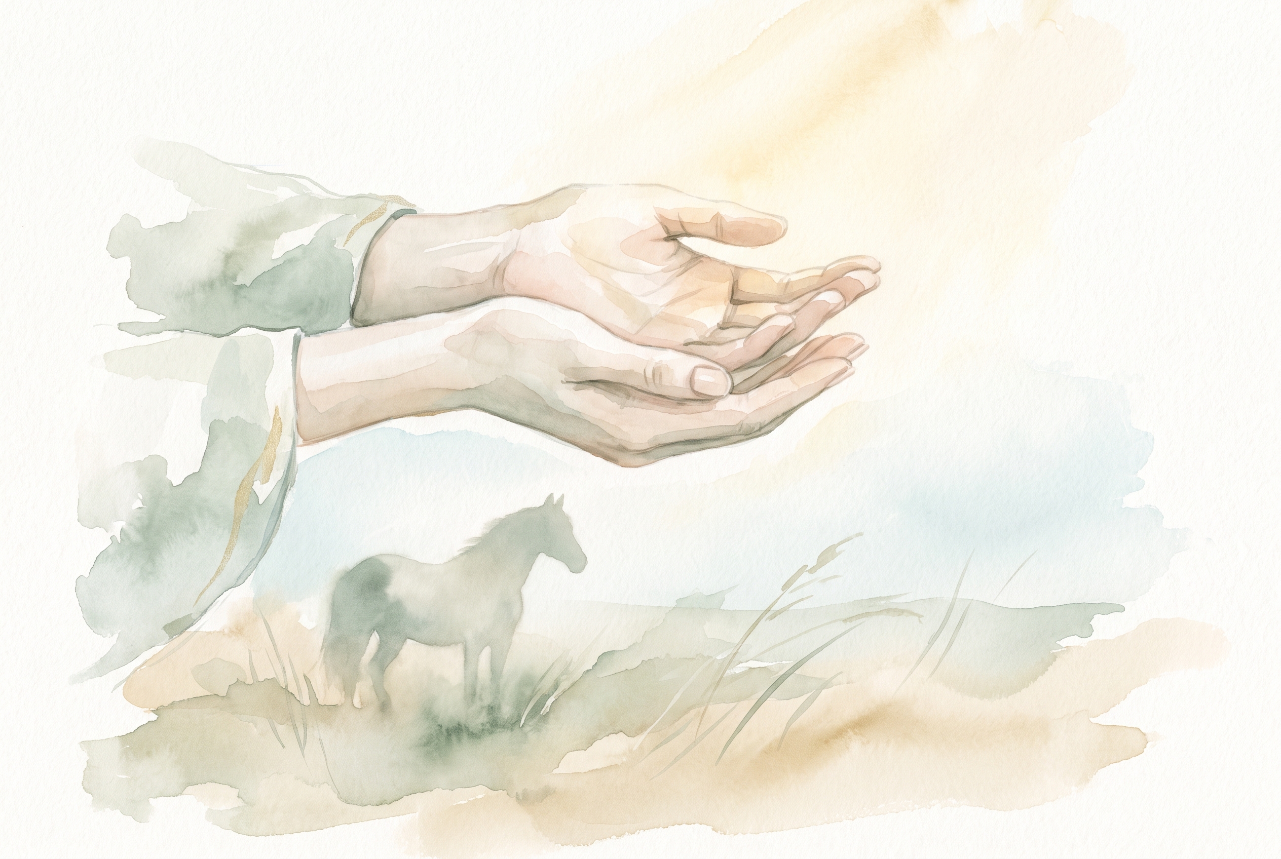Aquarela delicada de duas mãos femininas abertas recebendo a luz do fim da tarde, com a silhueta desfocada de um cavalo ao fundo em um campo, tons quentes de areia e dourado suave, traço leve, sem texto na imagem.