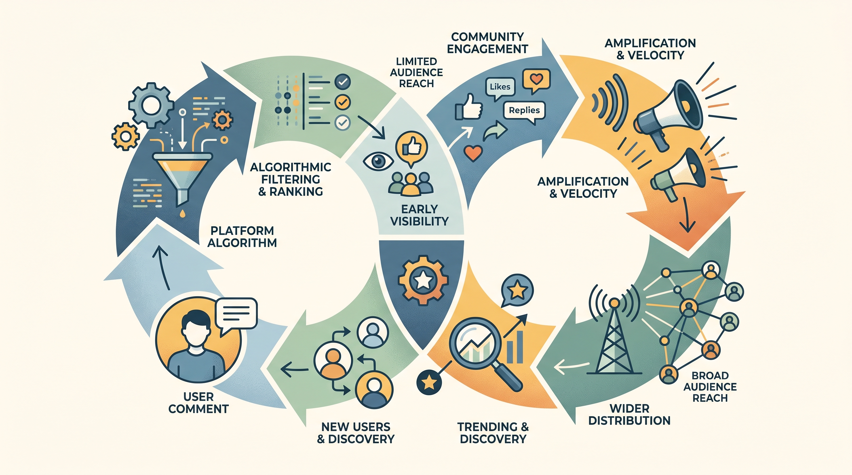 Engagement loop diagram from comment to wider distribution
