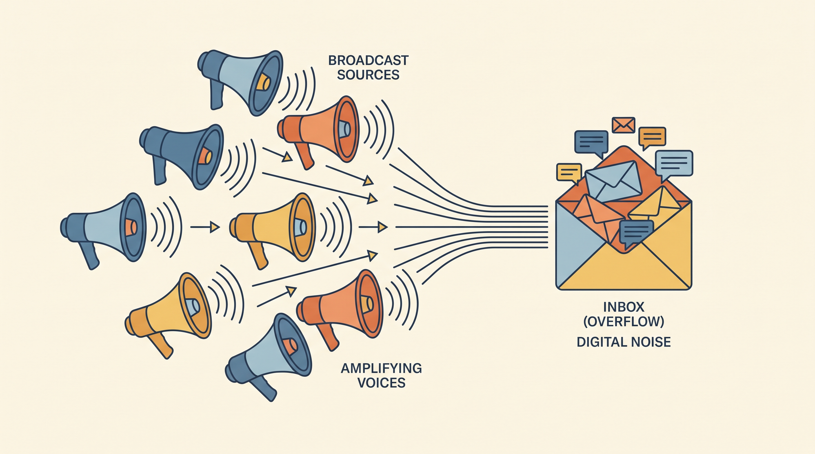 Megaphones broadcasting into one overflowing message inbox